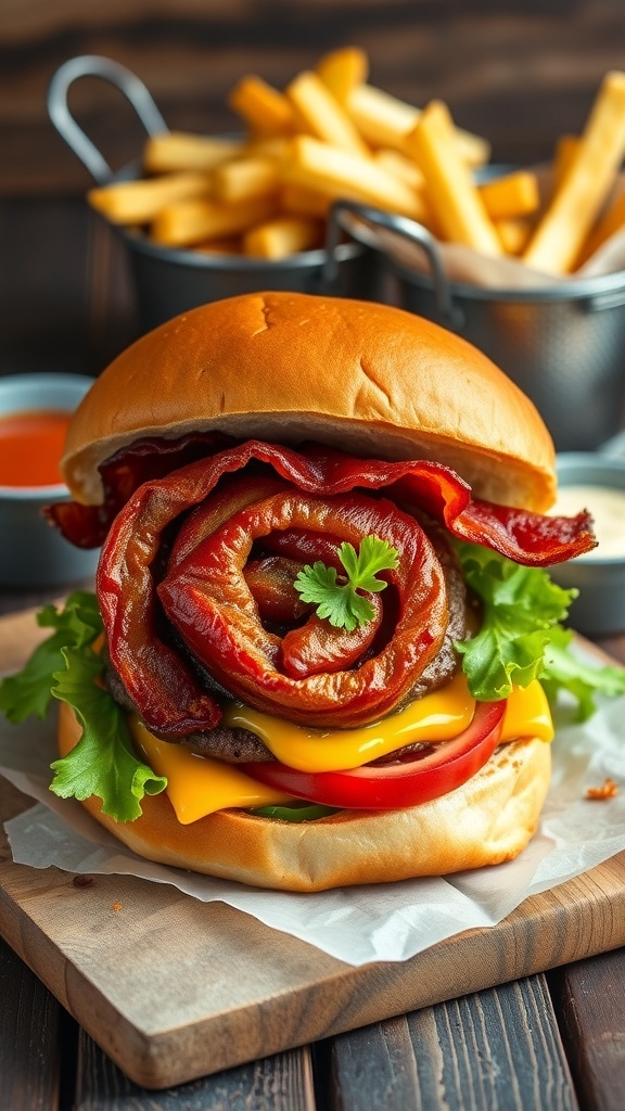 Bacon Pinwheel Burger Recipe A bacon pinwheel burger with beef patty, lettuce, tomato, and cheese on a bun, served with fries.